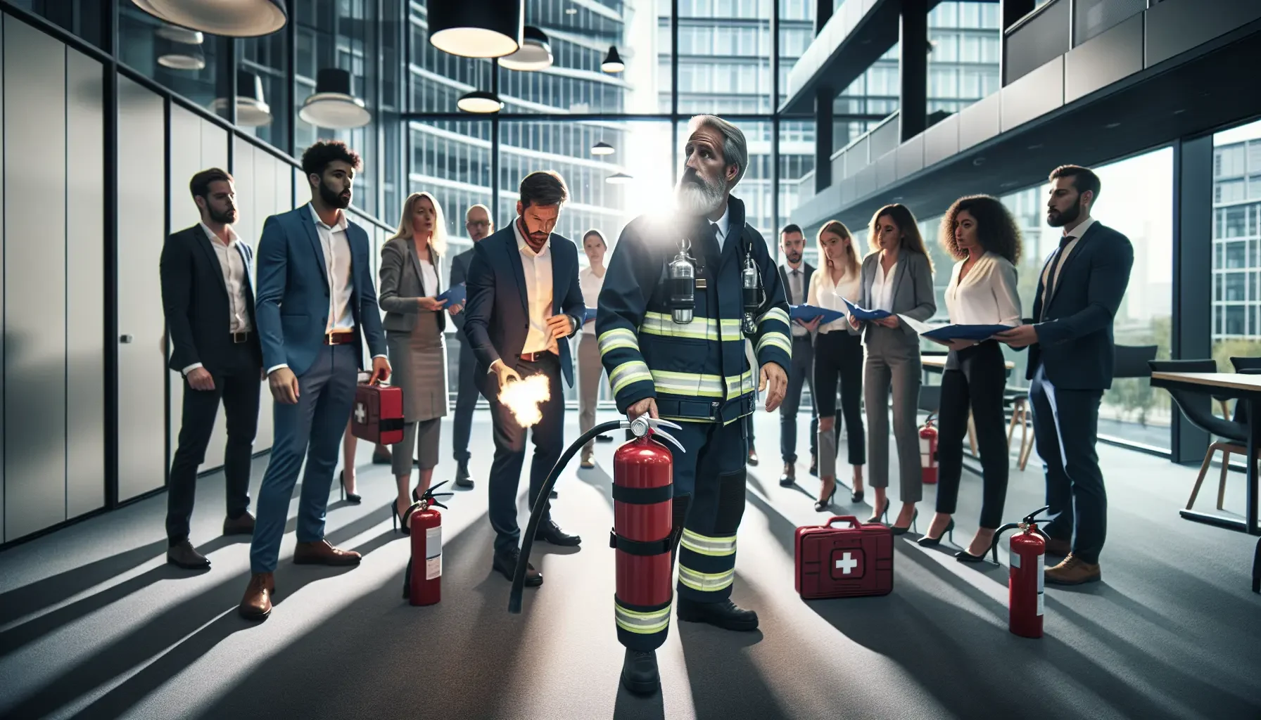 Feuerwehrmann mit Feuerlöscher in modernem Büro